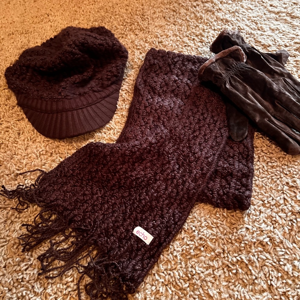 Echo hat and scarf, faufur lined gloves.